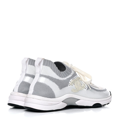 Chanel Fabric Suede Calfskin Stretch CC Sneakers 37 White Grey 4 of 12