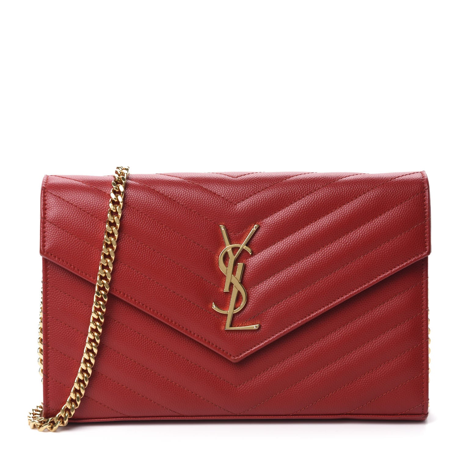 Saint Laurent Grain De Poudre Matelasse Chevron Monogram Chain Wallet Red 1 of 12