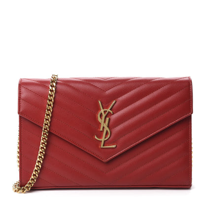 Saint Laurent Grain De Poudre Matelasse Chevron Monogram Chain Wallet Red 1 of 12