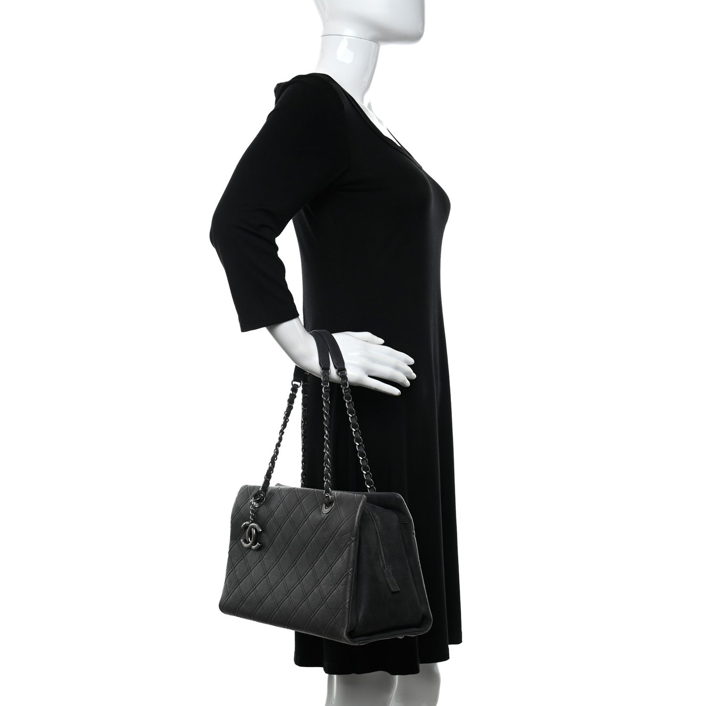 Calfskin Diamond Embossed Large CC Zip Shopping Tote Grey