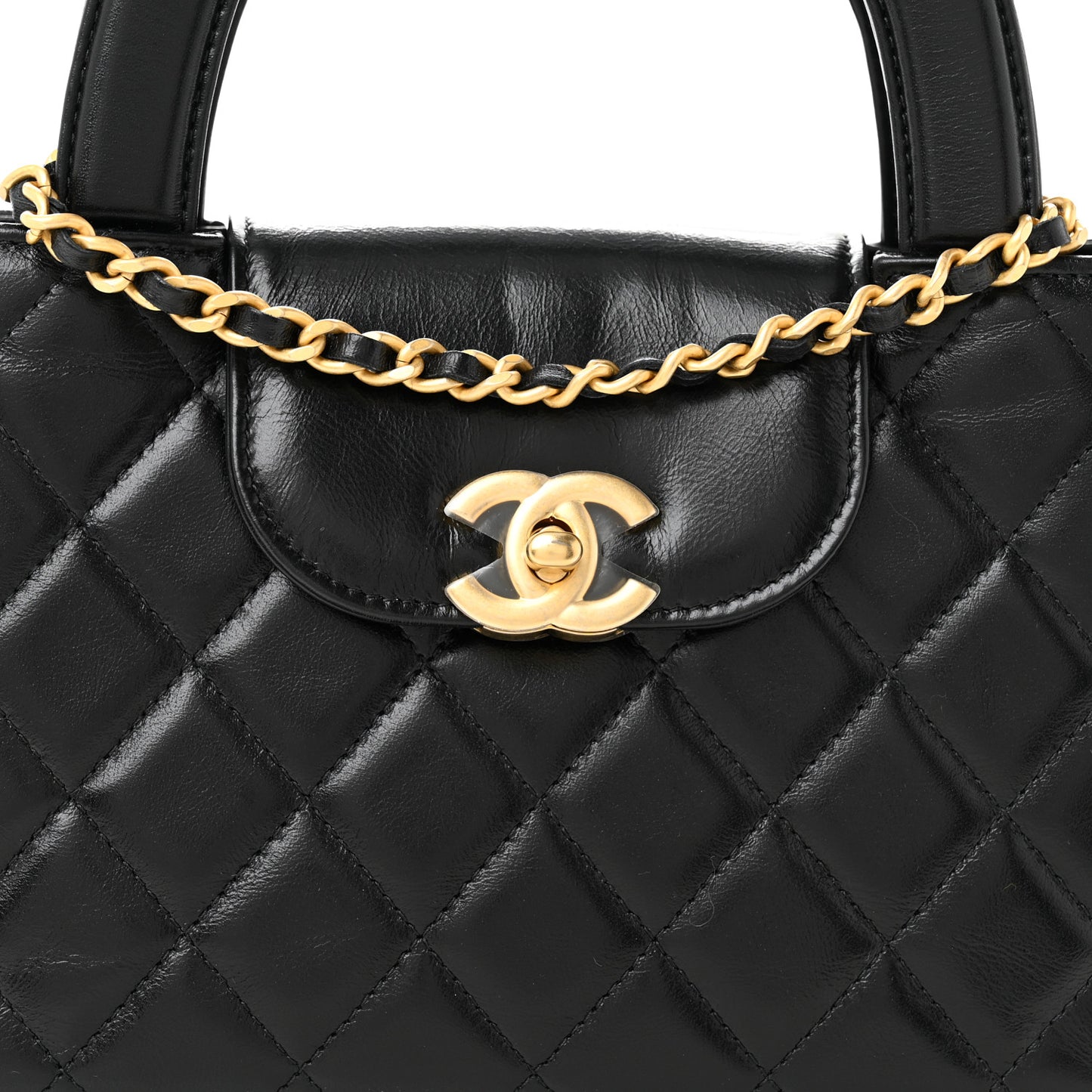 Shiny Aged Calfskin Quilted Nano Kelly Shopper Black