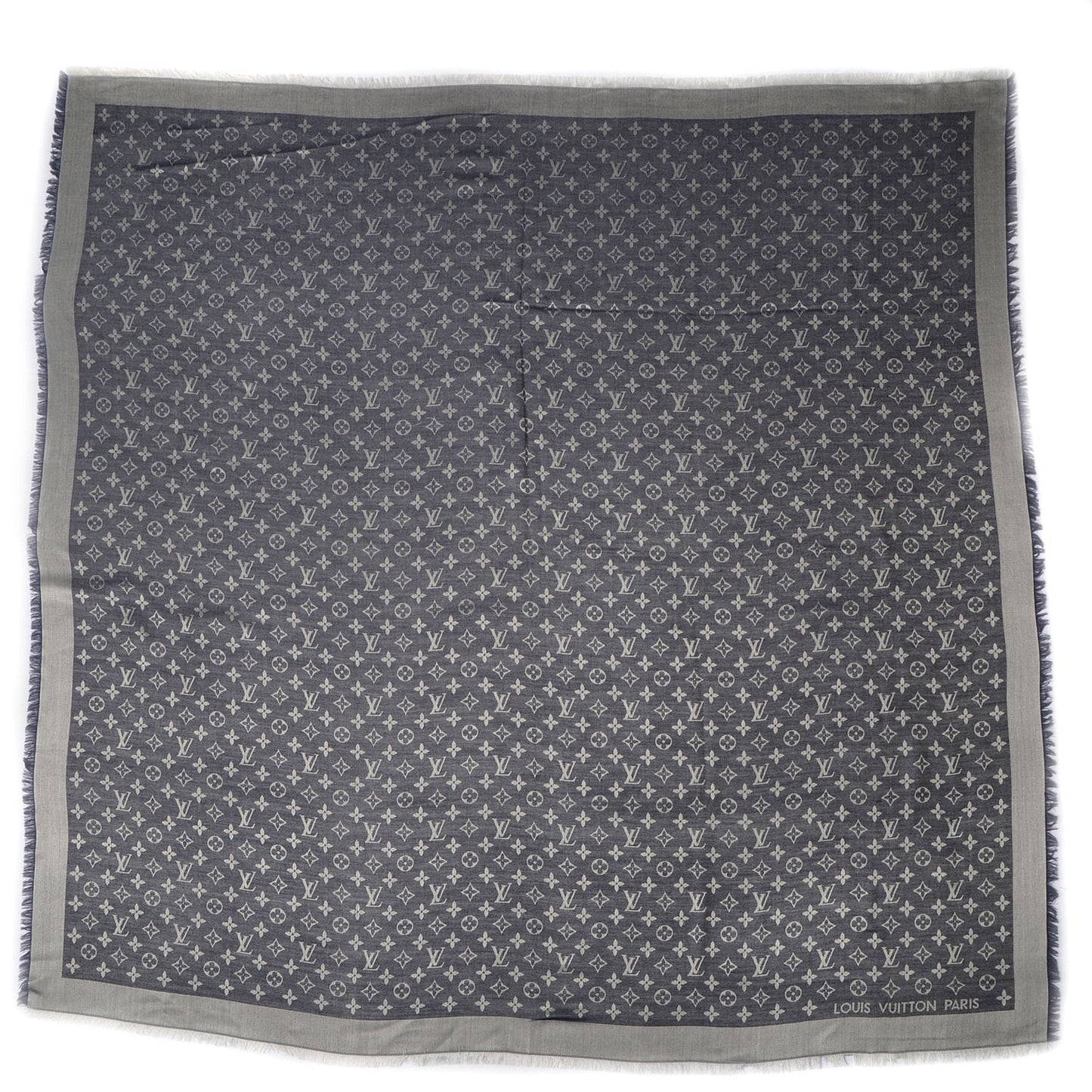 Silk Wool Monogram Denim Shawl Blue