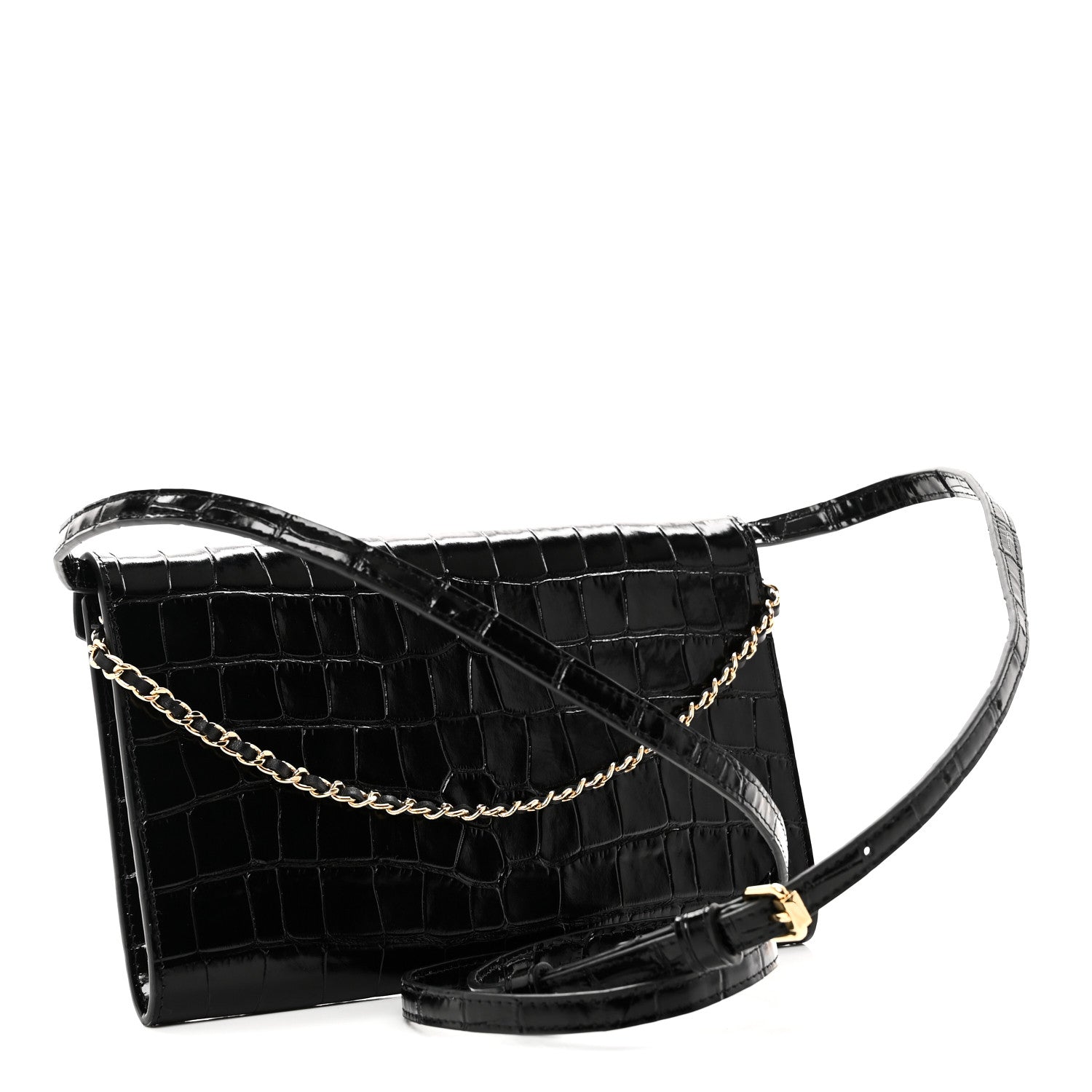 Chanel Calfskin Crocodile Embossed Envelope Clutch With Strap Black 3 of 10