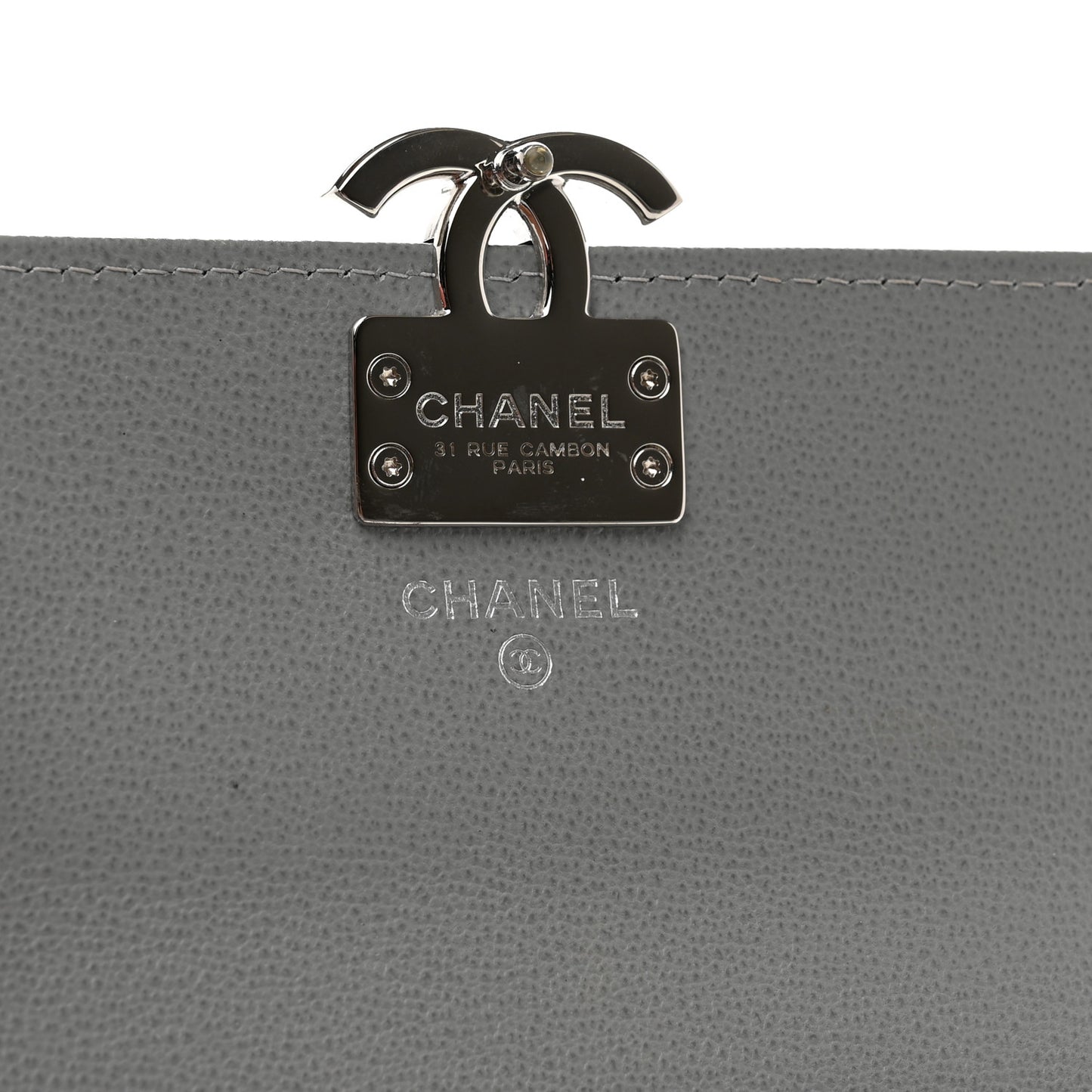Grained Calfskin Quilted CC Box Flap Wallet Grey