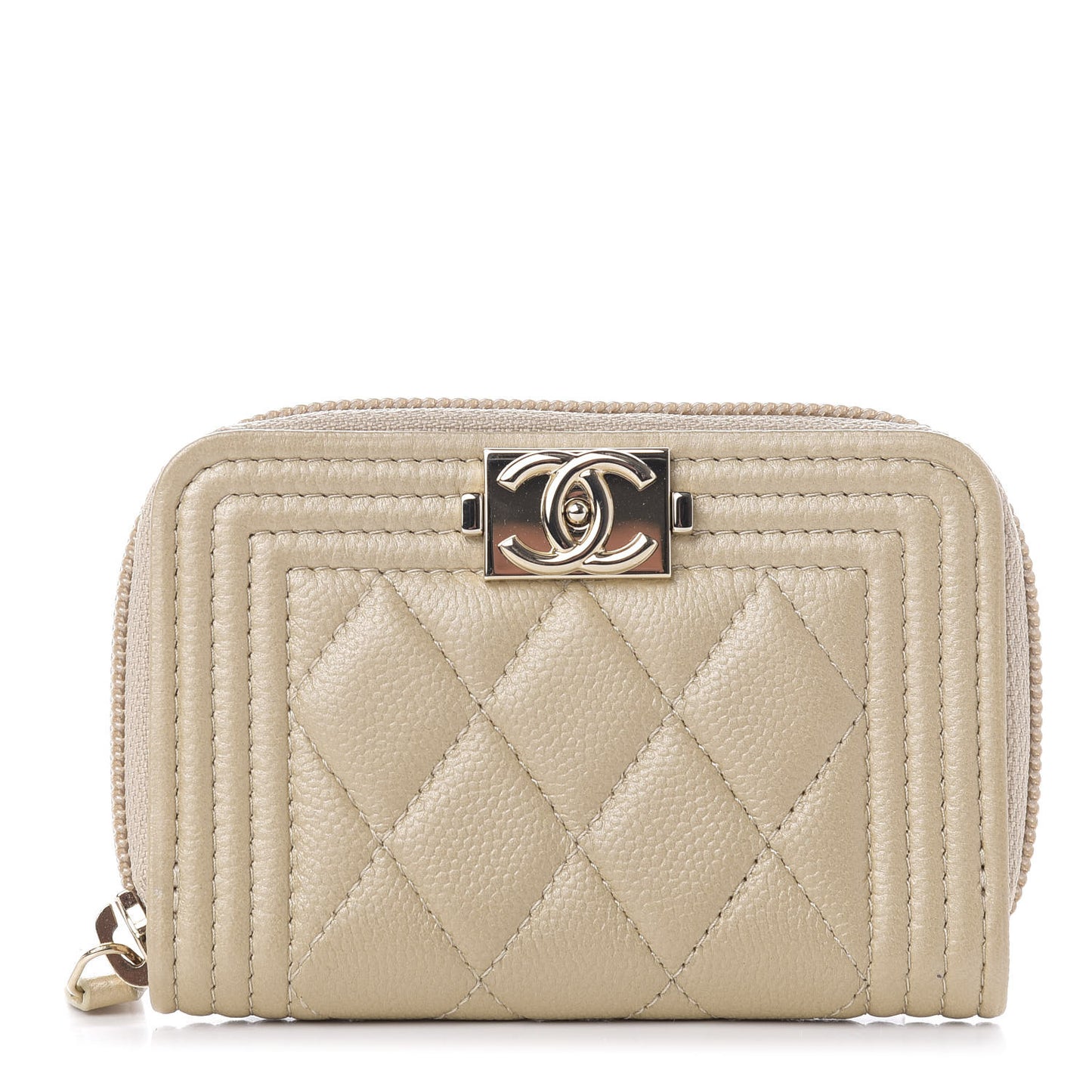 Metallic Caviar Quilted Boy Zip Around Coin Purse Wallet Light Gold