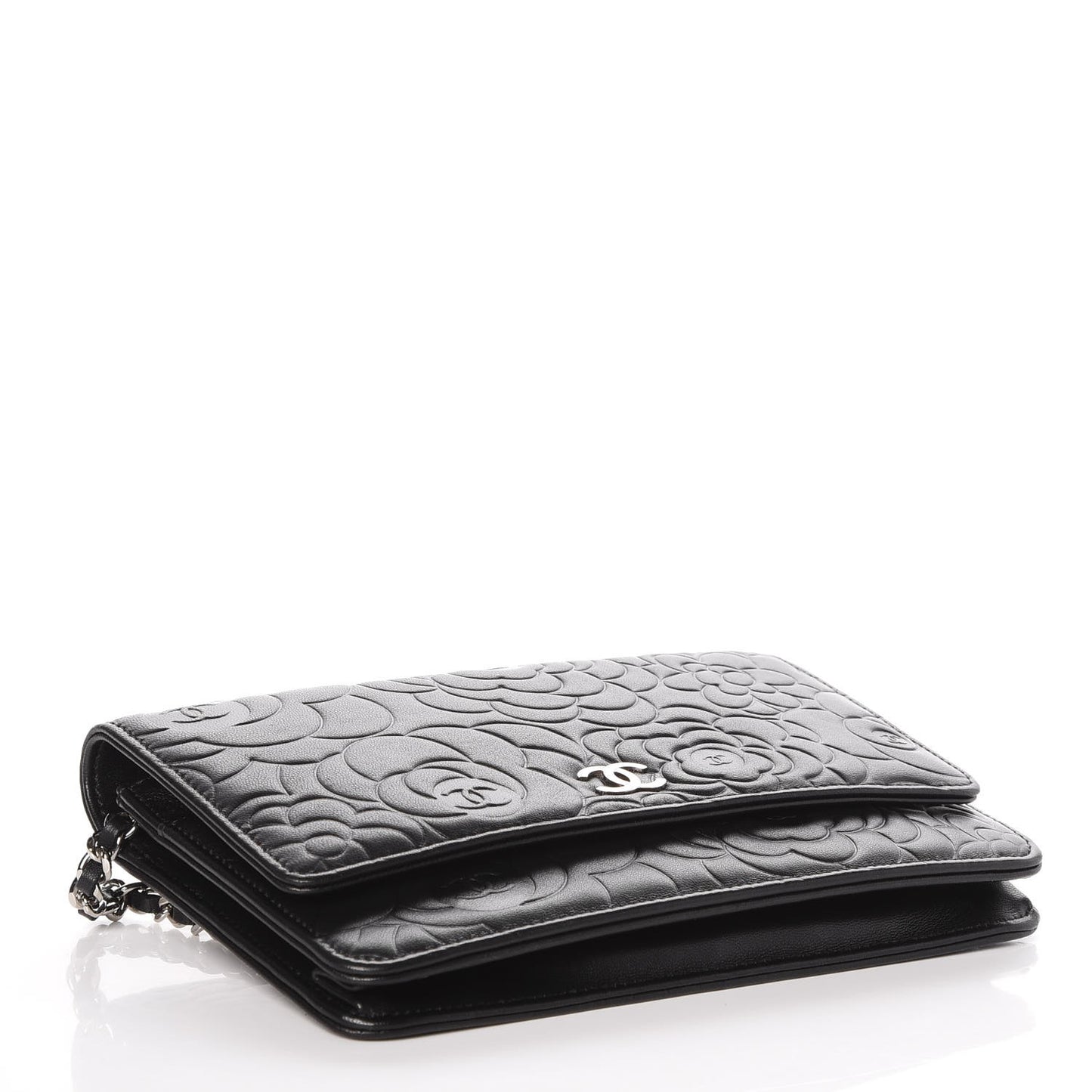Lambskin Camellia Embossed Wallet On Chain WOC Black