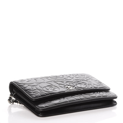 Chanel Lambskin Camellia Embossed Wallet On Chain WOC Black 4 of 10