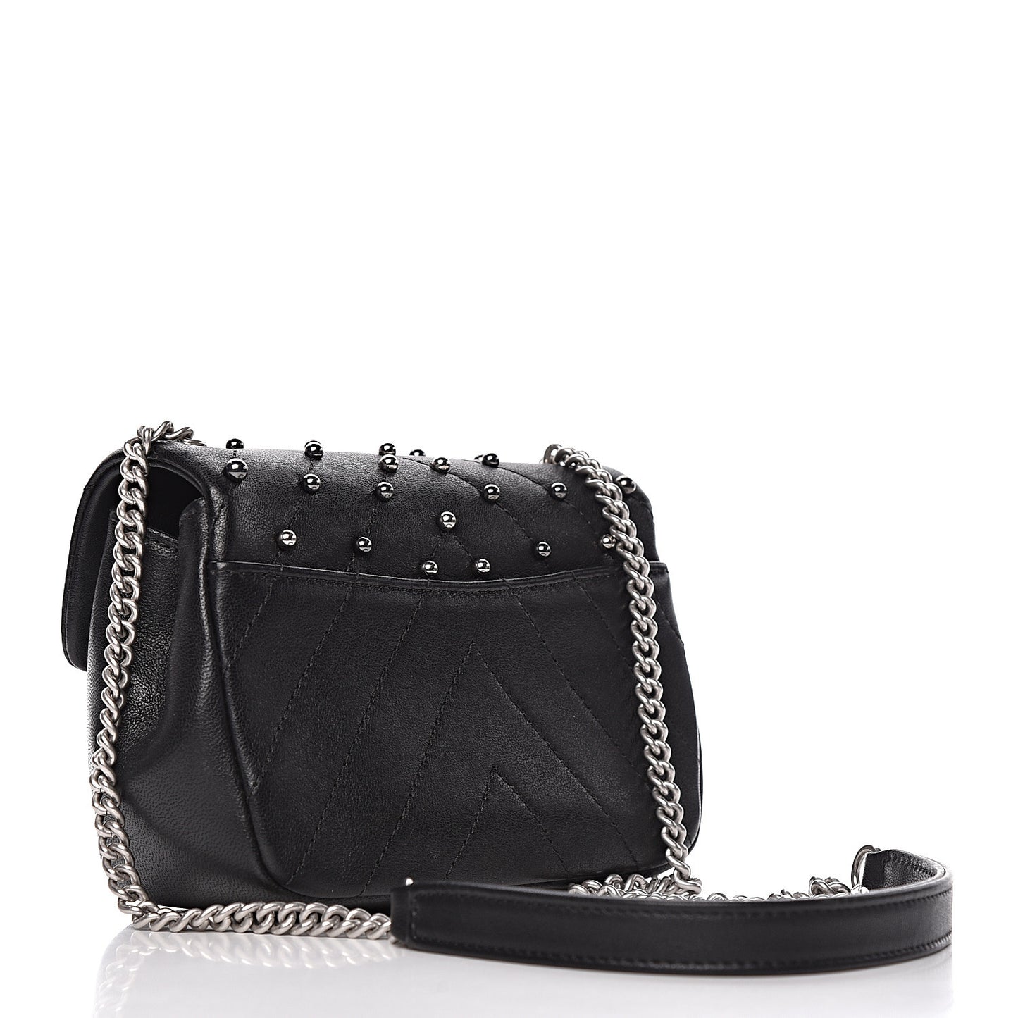 Lambskin Chevron Quilted Studded Mini Flap Black