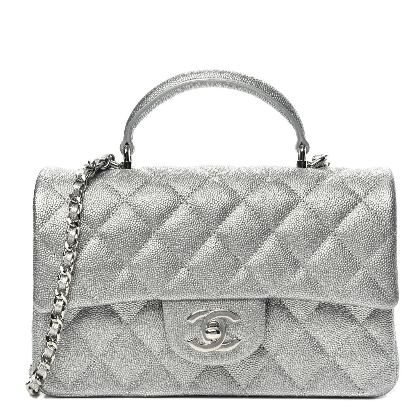 Metallic Caviar Quilted Mini Top Handle Rectangular Flap Silver