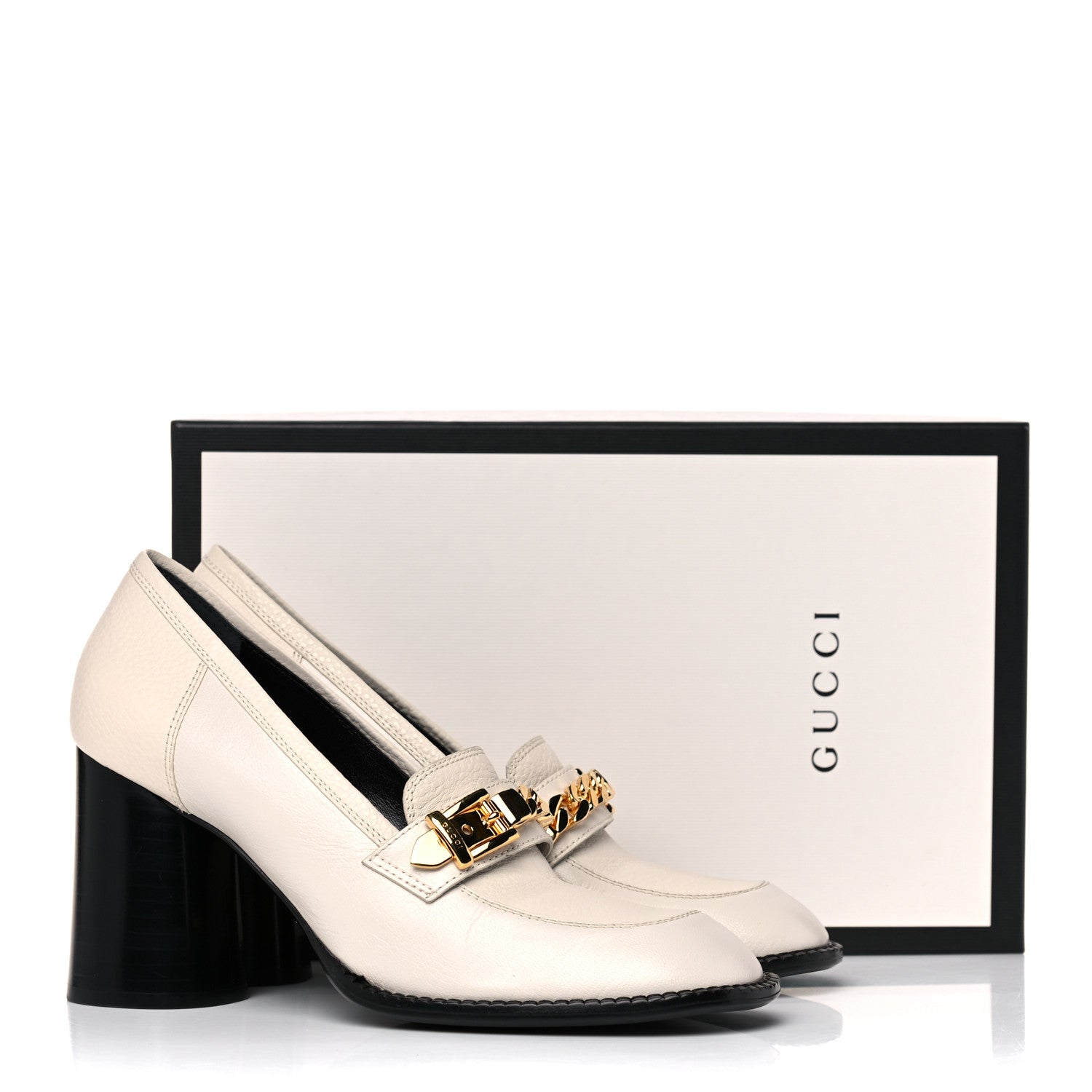 Gucci Goatskin Pebbled Calfskin Sylvie Chain Mid Heel Loafers 39.5 Mystic White 13 of 13