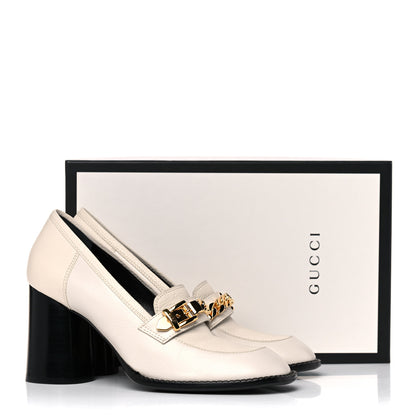 Gucci Goatskin Pebbled Calfskin Sylvie Chain Mid Heel Loafers 39.5 Mystic White 13 of 13