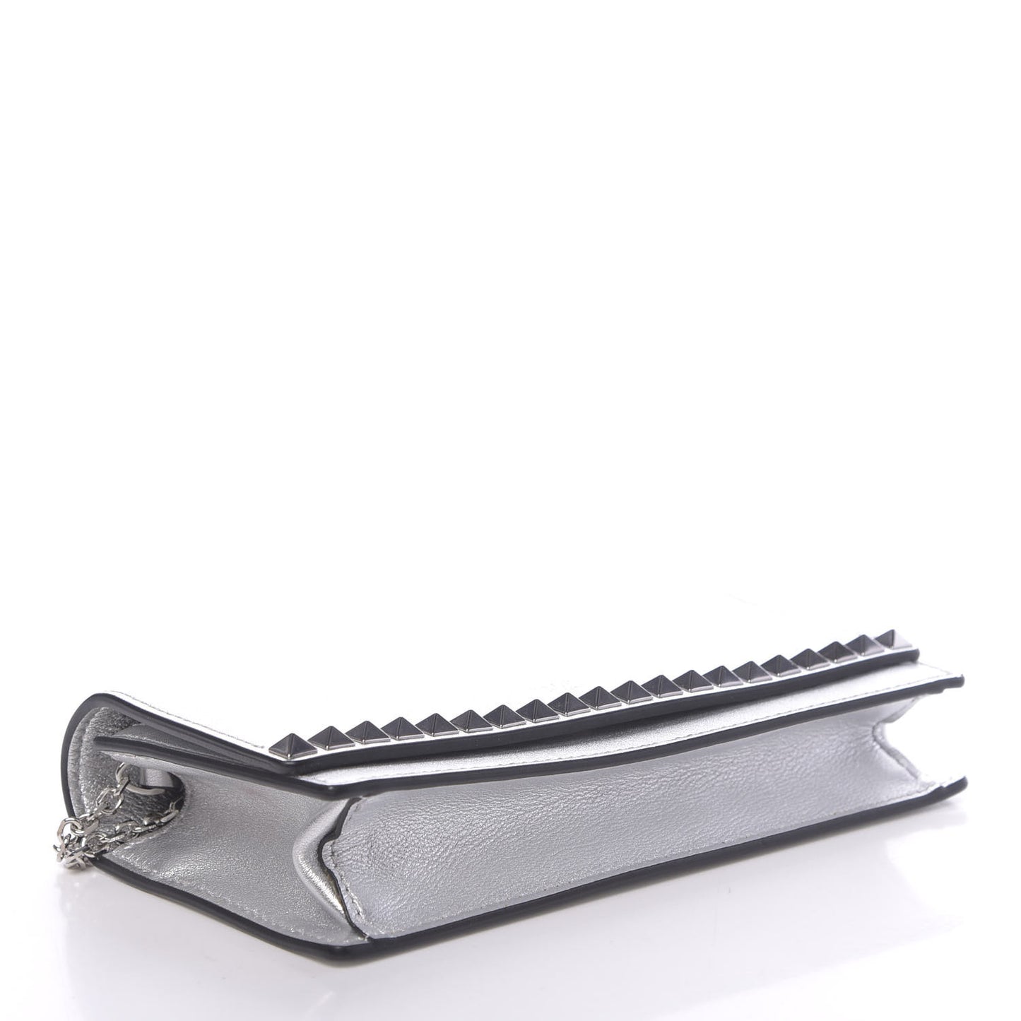 Metallic Calfskin Rockstud No Limit Wallet On Chain Silver
