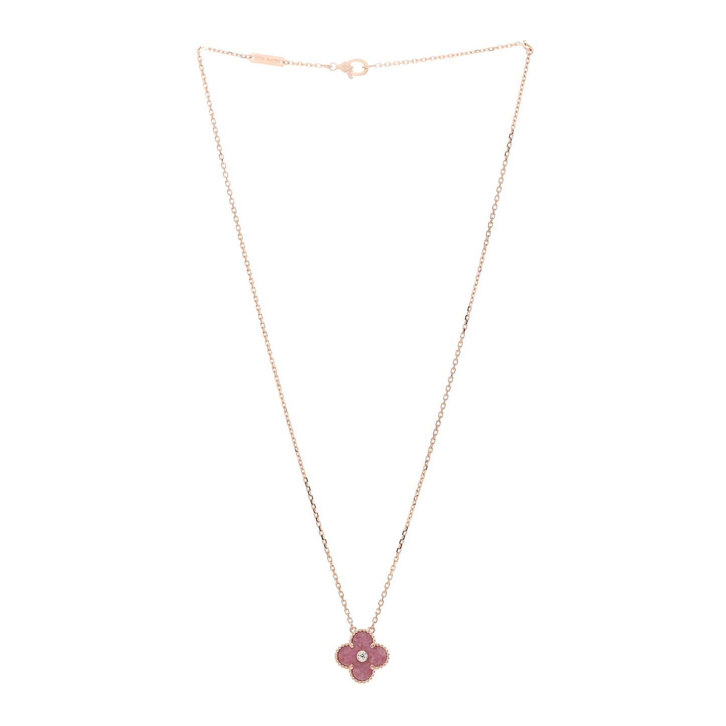 18K Rose Gold Diamond Rhodonite Vintage Alhambra Pendant Necklace