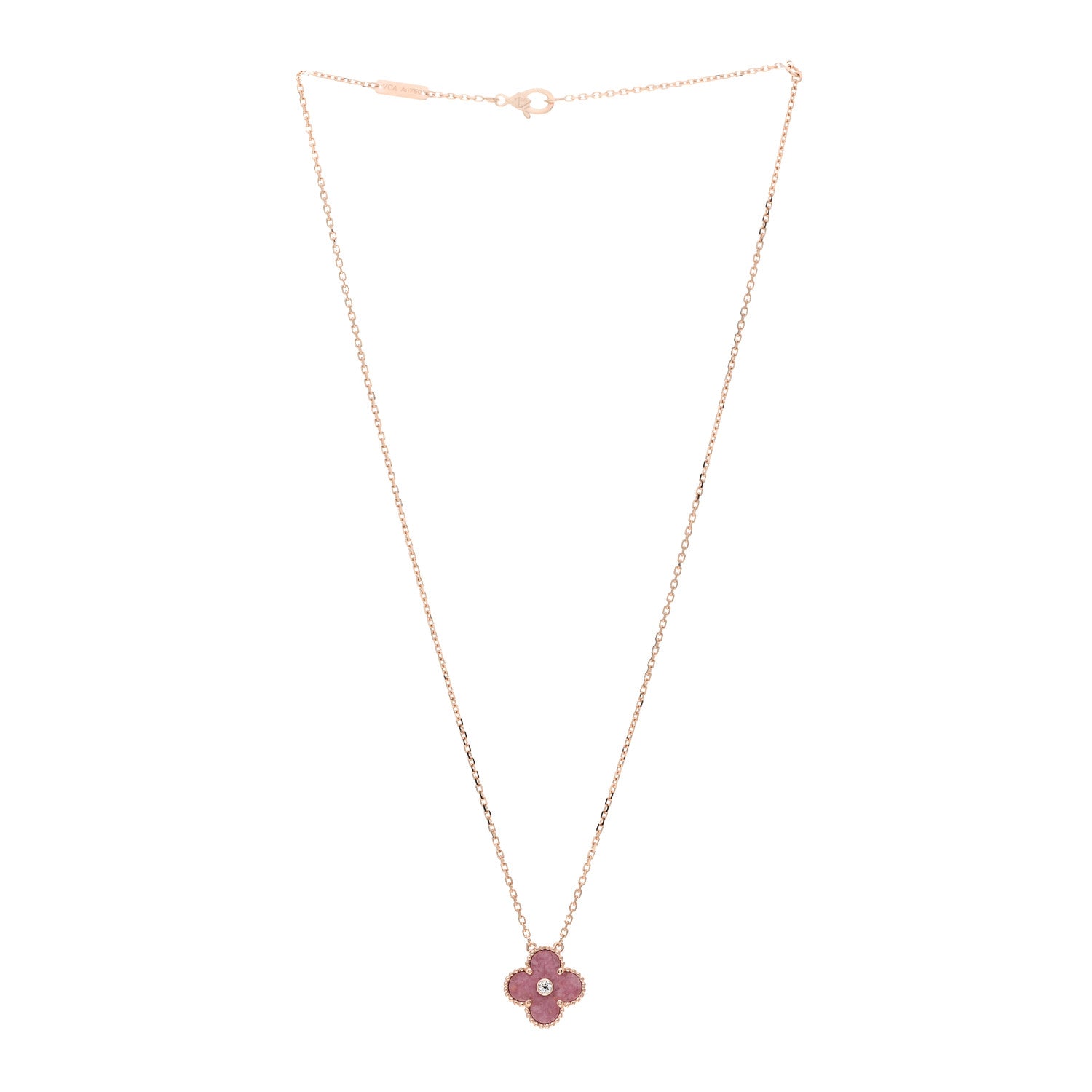 Van Cleef & Arpels 18K Rose Gold Diamond Rhodonite Vintage Alhambra Pendant Necklace 2 of 3