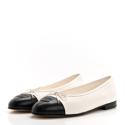 Chanel Lambskin Cap Toe CC Ballerina Flats 37.5 White Black 3 of 9