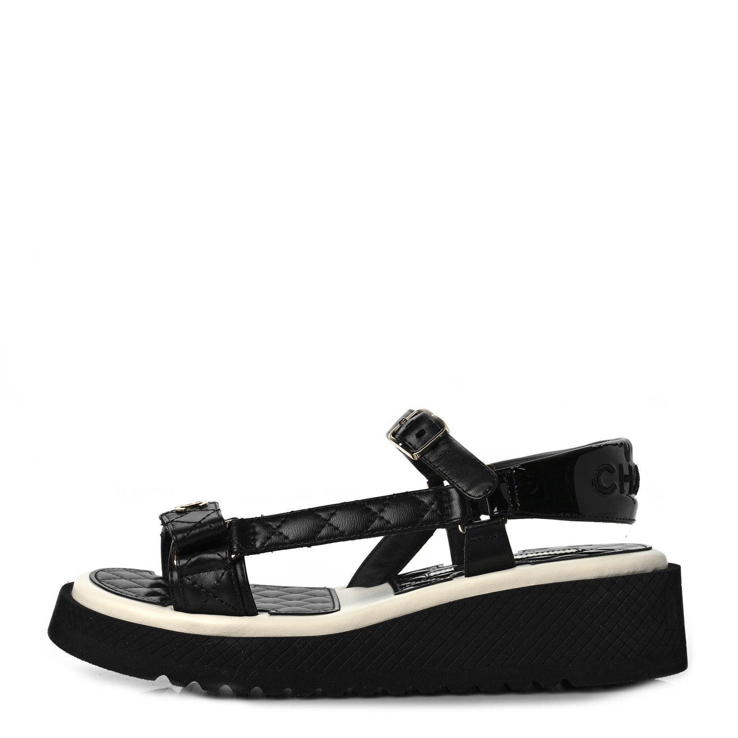 Chanel Lambskin Patent Logo Platform Sandals 38.5 Black 1 of 8