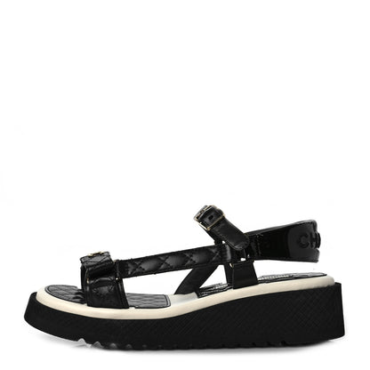 Chanel Lambskin Patent Logo Platform Sandals 38.5 Black 1 of 8