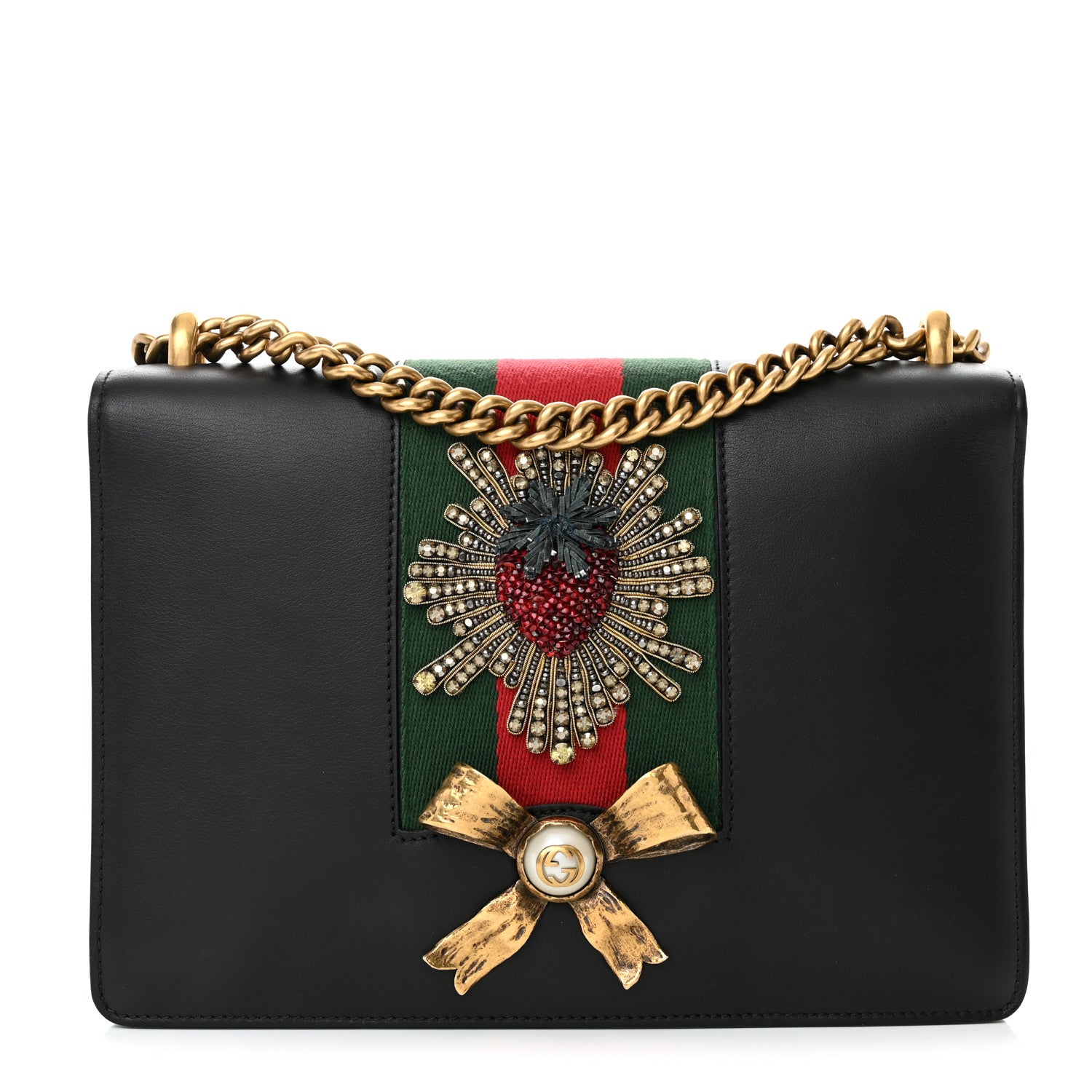 Gucci Calfskin Web Medium Peony Chain Shoulder Bag Black 1 of 12