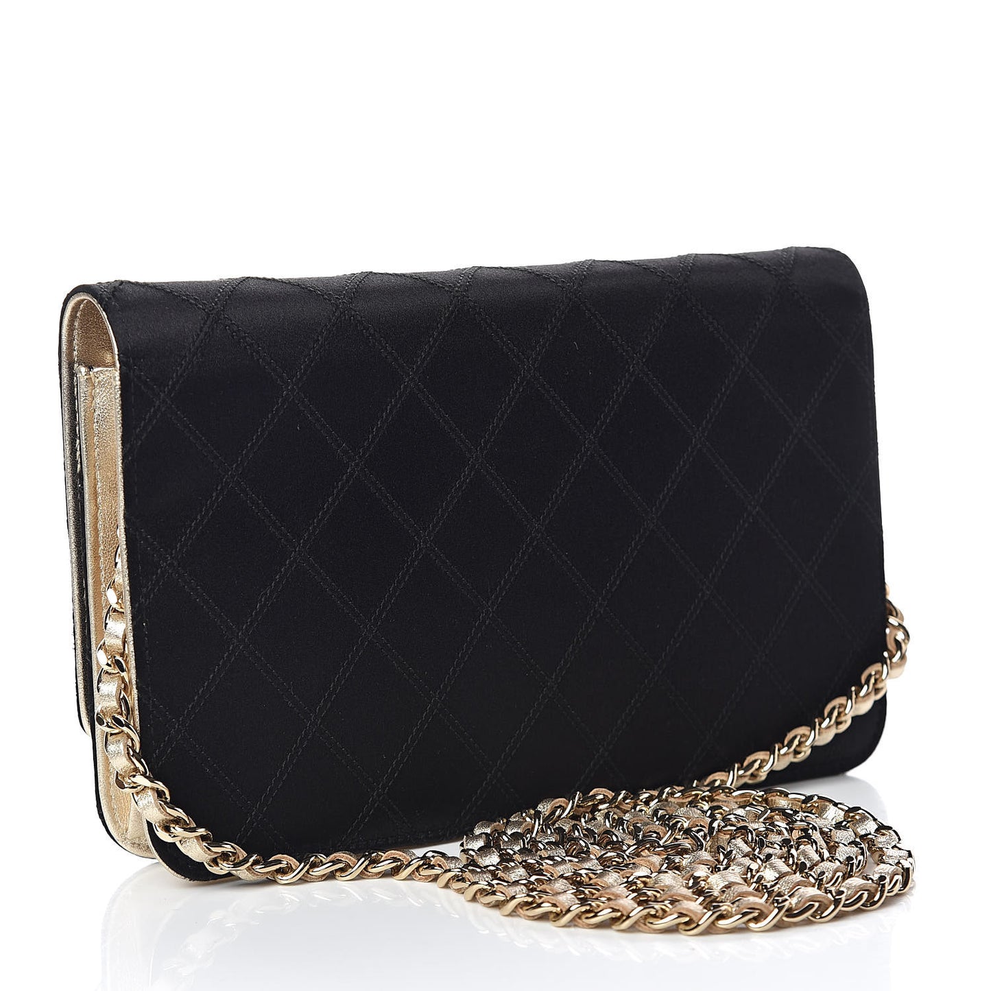 Satin Diamond Stitch Wallet On Chain WOC Black Gold