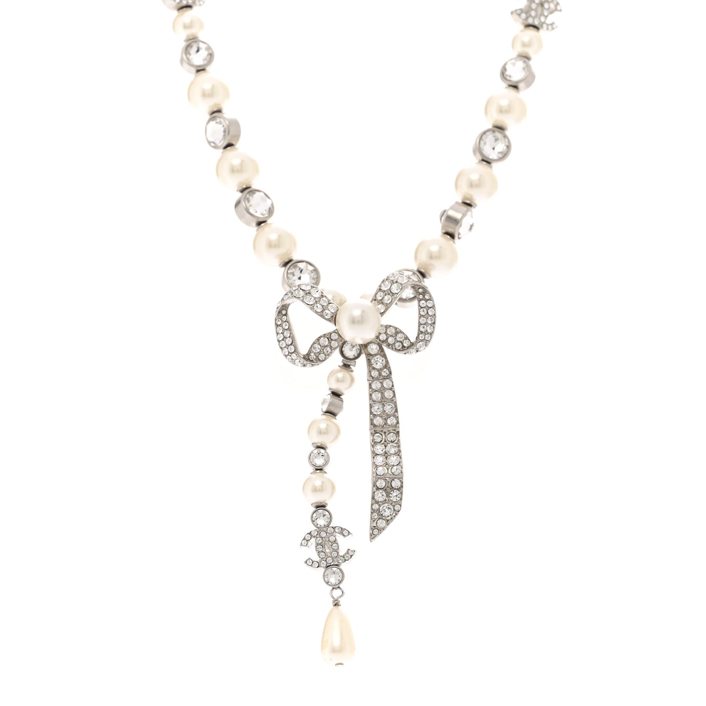 Crystal Pearl Bow CC Necklace Silver