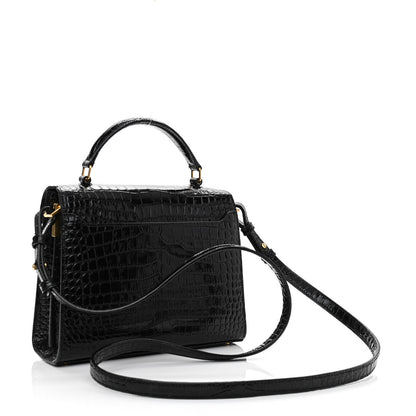 Saint Laurent Calfskin Crocodile Embossed Mini Classic Monogram Cassandra Top Handle Black 3 of 11