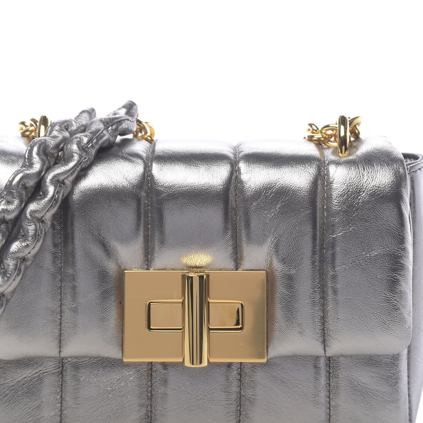 Metallic Soft Lambskin Quilted Small Natalia Chain Shoulder Bag Silver