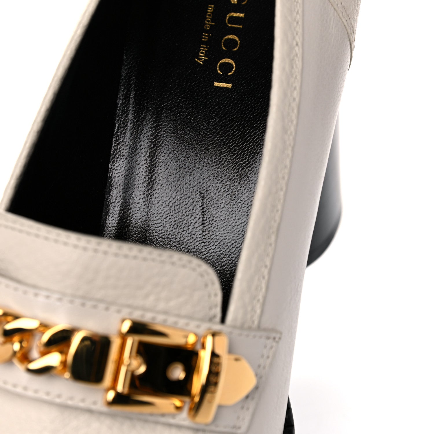 Gucci Goatskin Pebbled Calfskin Sylvie Chain Mid Heel Loafers 39.5 Mystic White 12 of 13