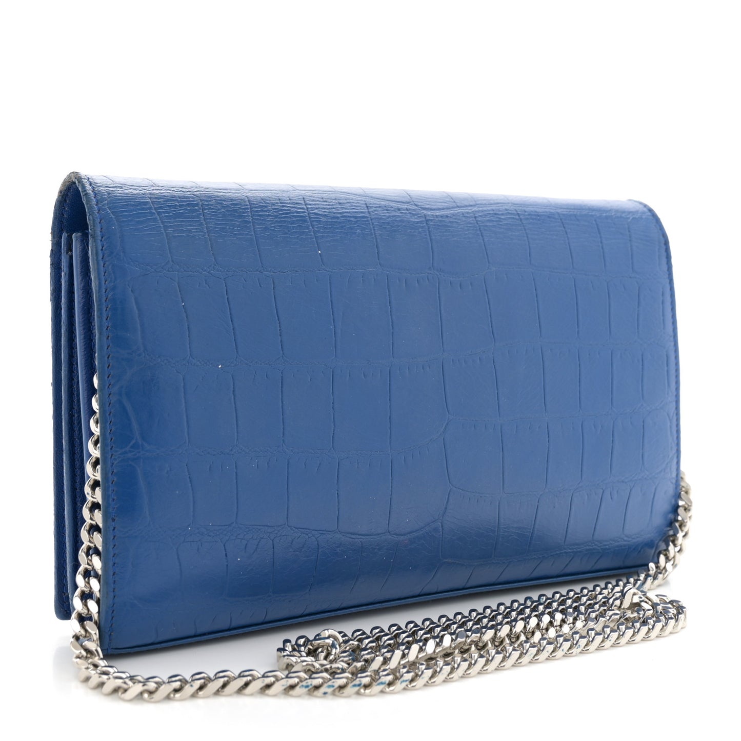 Calfskin Crocodile Embossed Monogram Chain Wallet Royal Blue