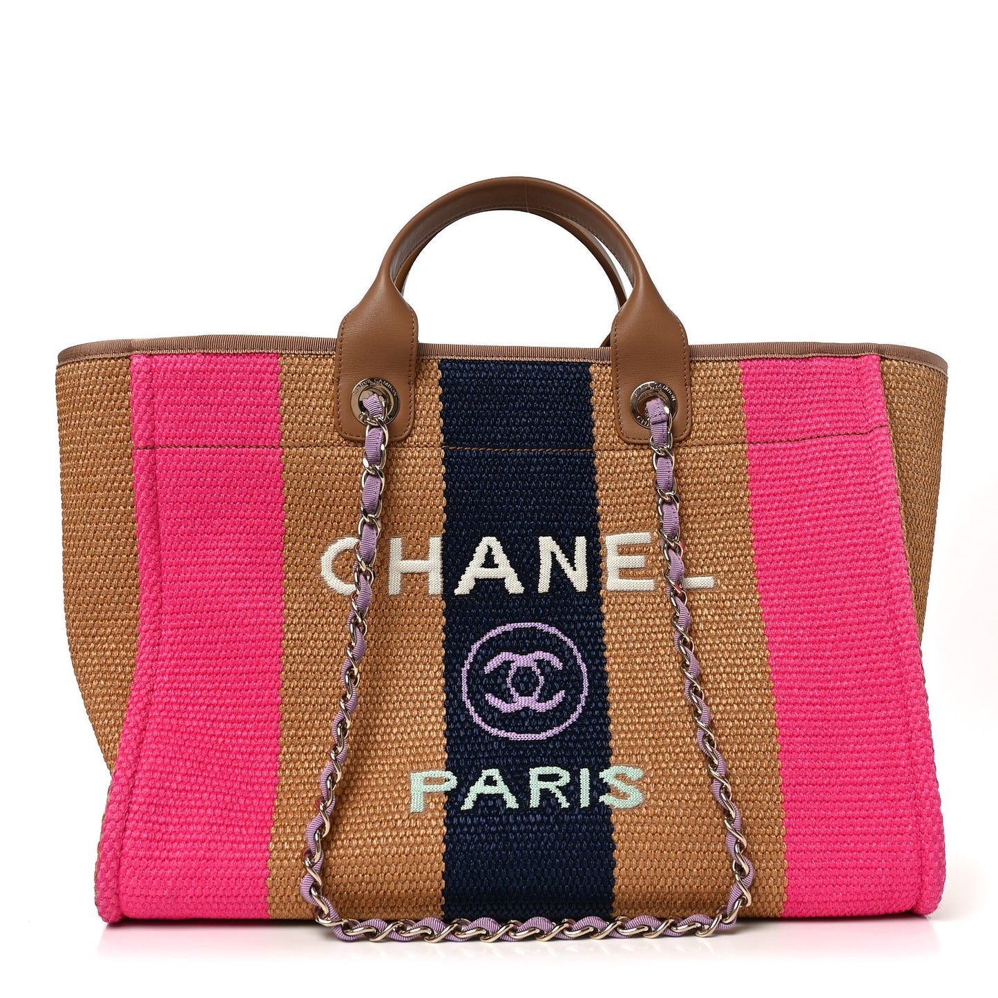 Straw Raffia Calfskin Striped Medium Deauville Tote Dark Beige Fuchsia Navy Blue