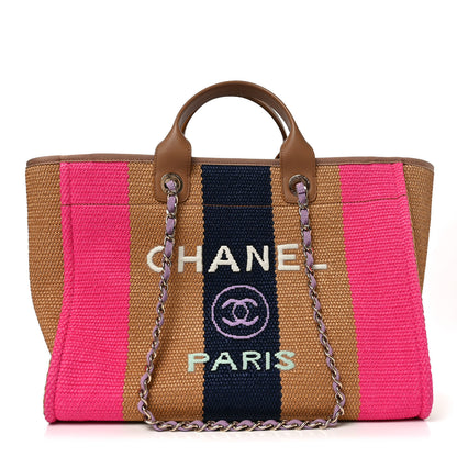 Chanel Straw Raffia Calfskin Striped Medium Deauville Tote Dark Beige Fuchsia Navy Blue 1 of 10
