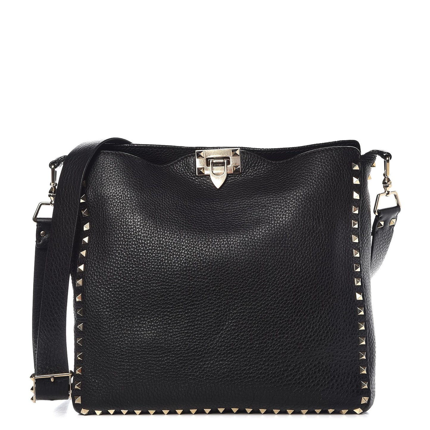 Pebbled Calfskin Large Rockstud Flip-Lock Messenger Bag Black