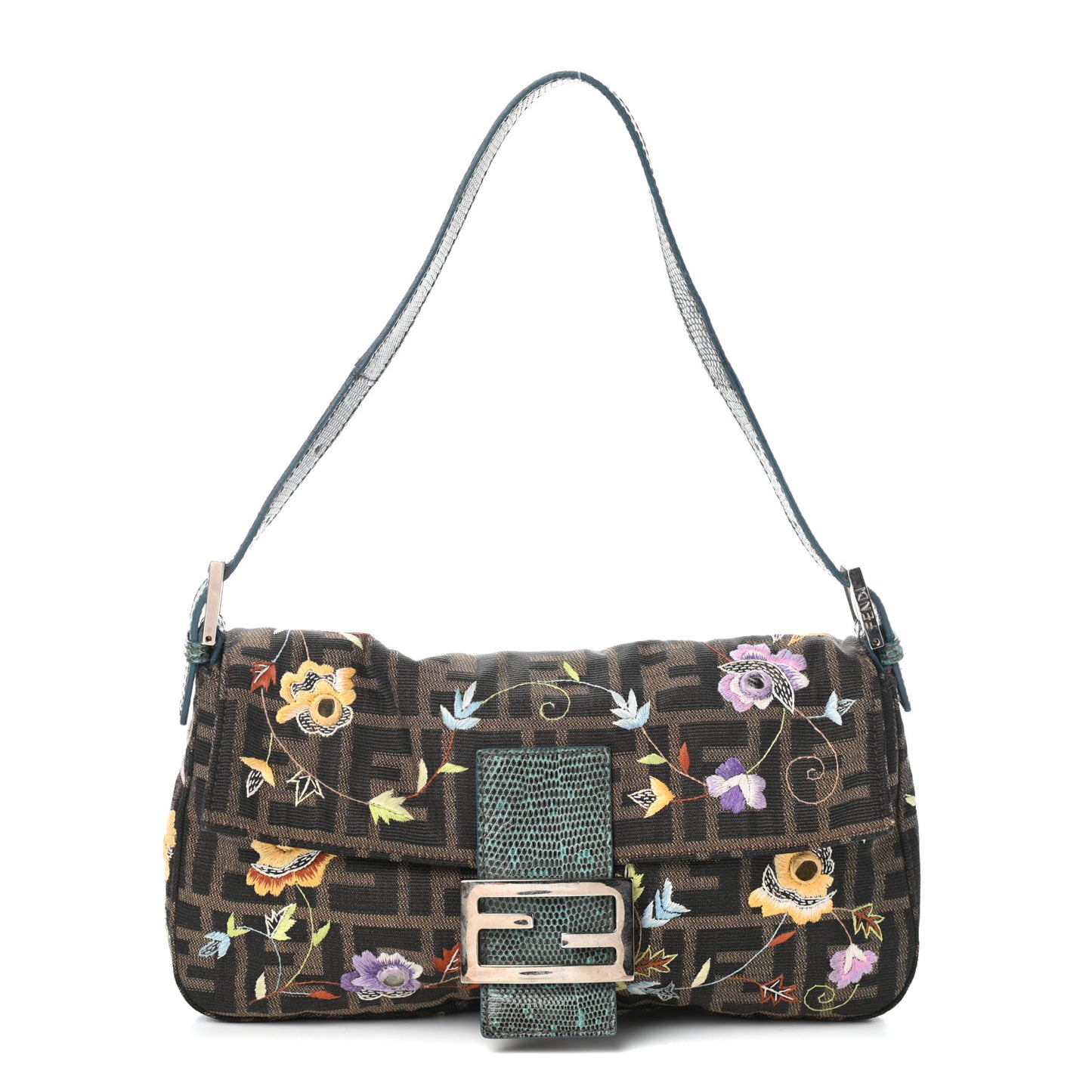 Lizard Zucca Floral Embroidered Baguette Tobacco Multicolor