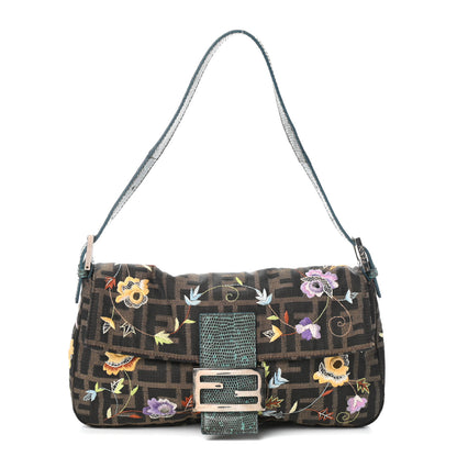 Fendi Lizard Zucca Floral Embroidered Baguette Tobacco Multicolor 1 of 9