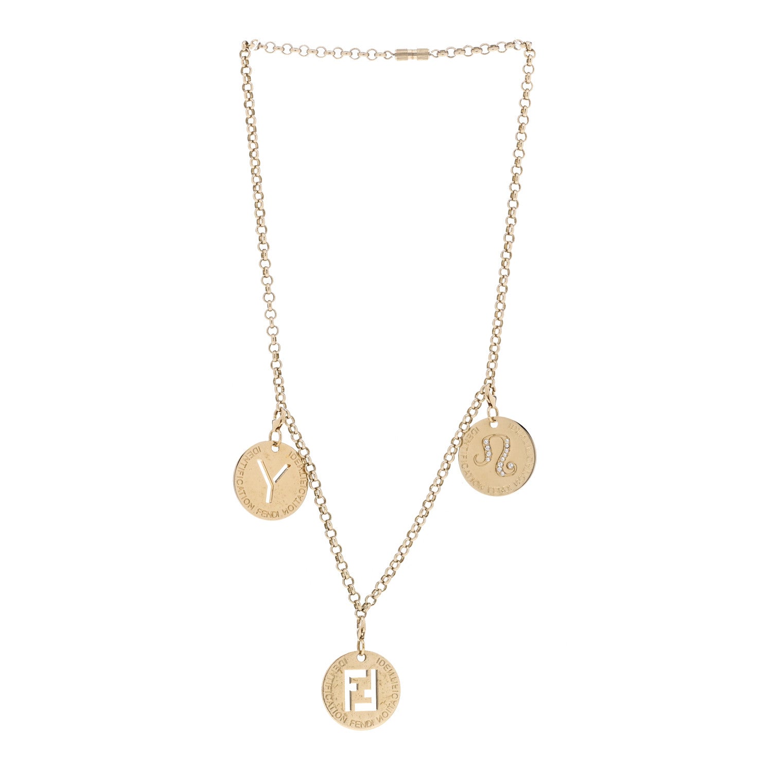 Fendi Metal Crystal Charms Identification Necklace Gold 3 of 7