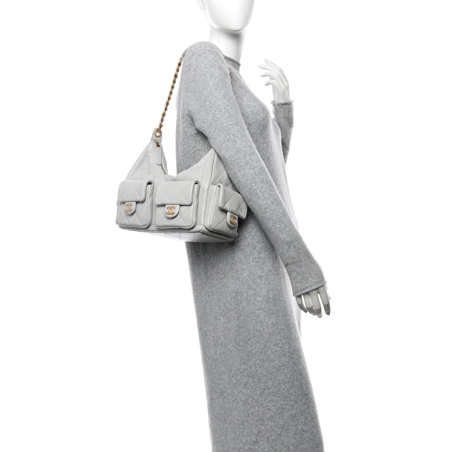 Shiny Lambskin Quilted Trendy Pockets Hobo Grey