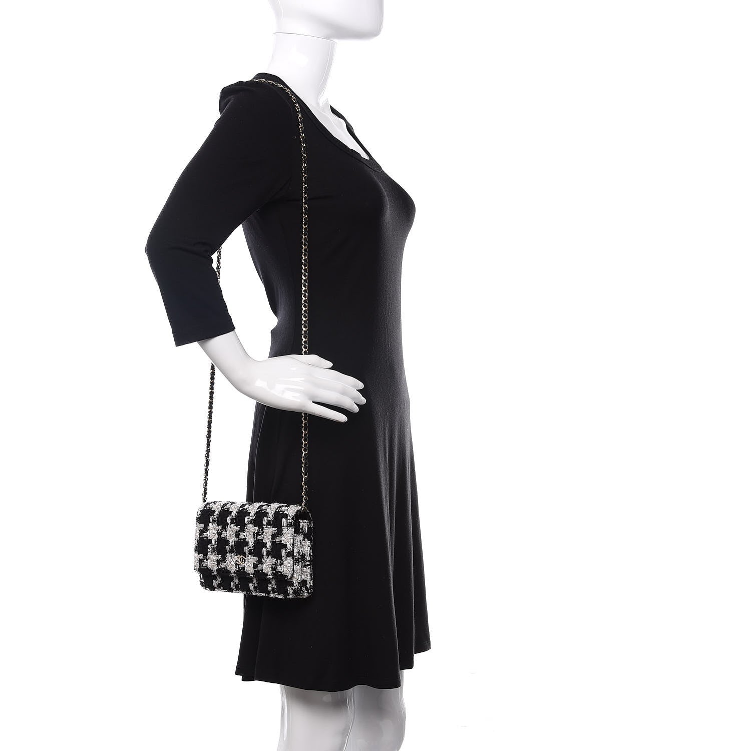 Chanel Tweed Quilted Wallet On Chain WOC Black Ecru White 2 of 12