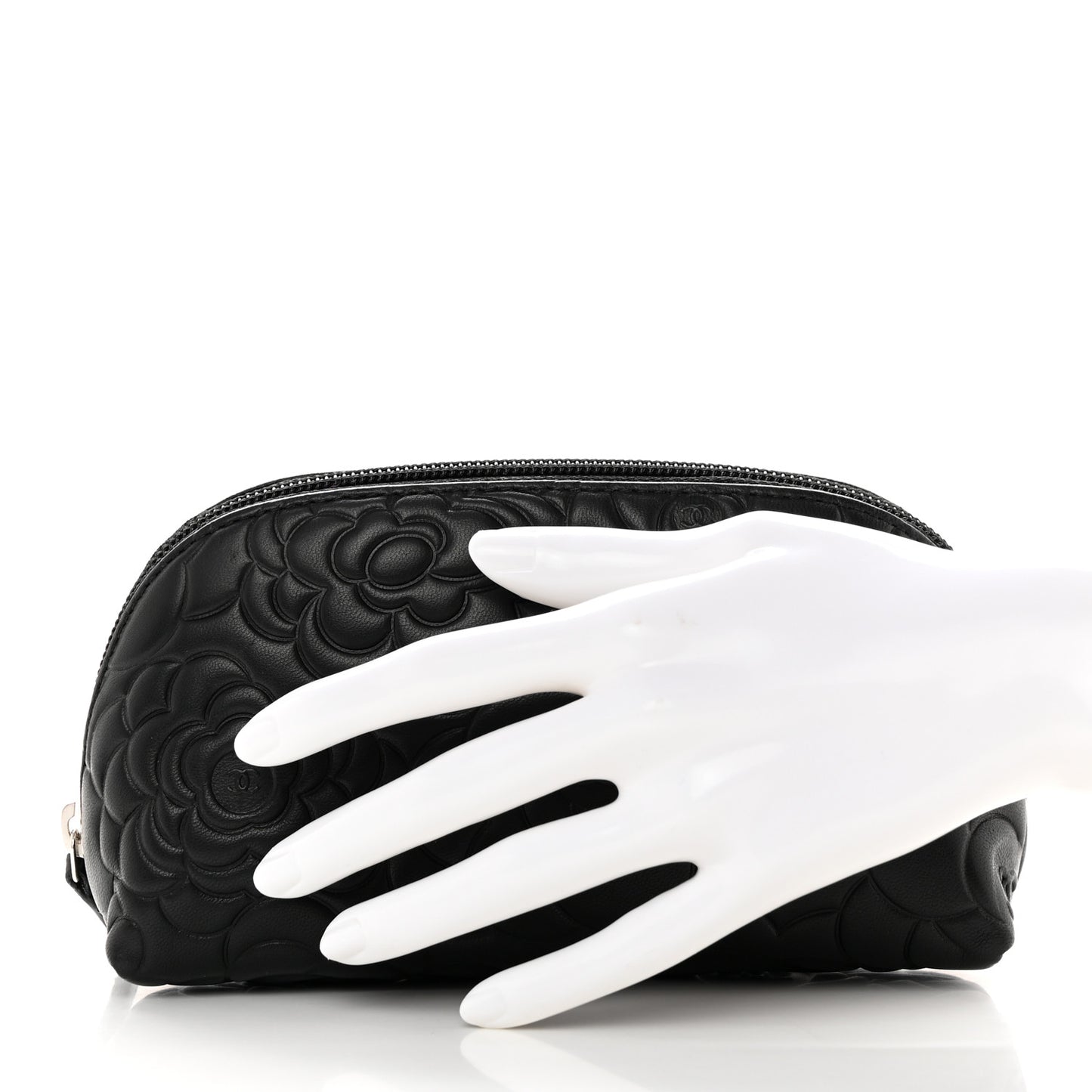 Lambskin Camellia Embossed Cosmetic Case Black