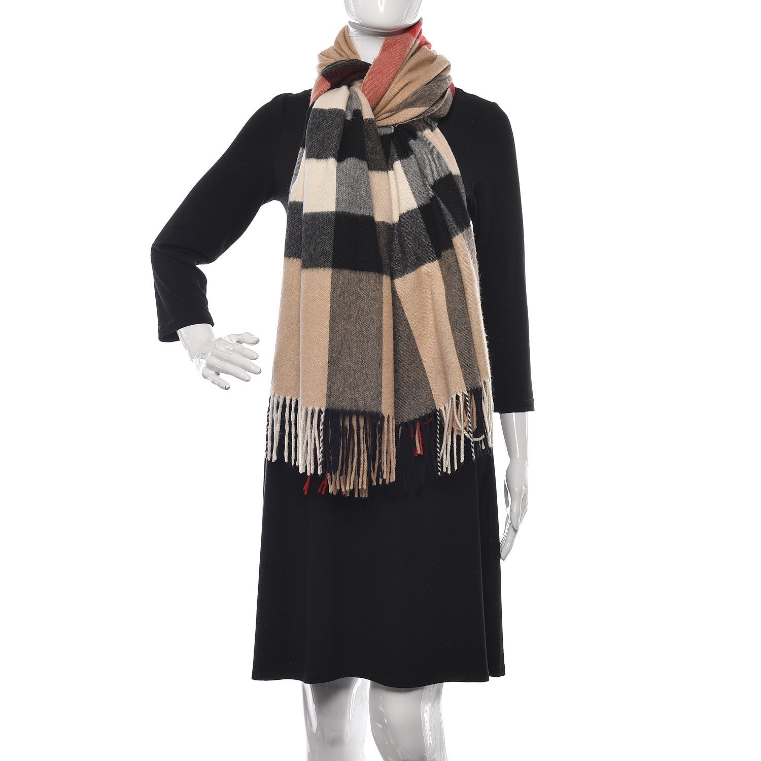Burberry Cashmere Mega Check Fringe Scarf Camel 2 of 4