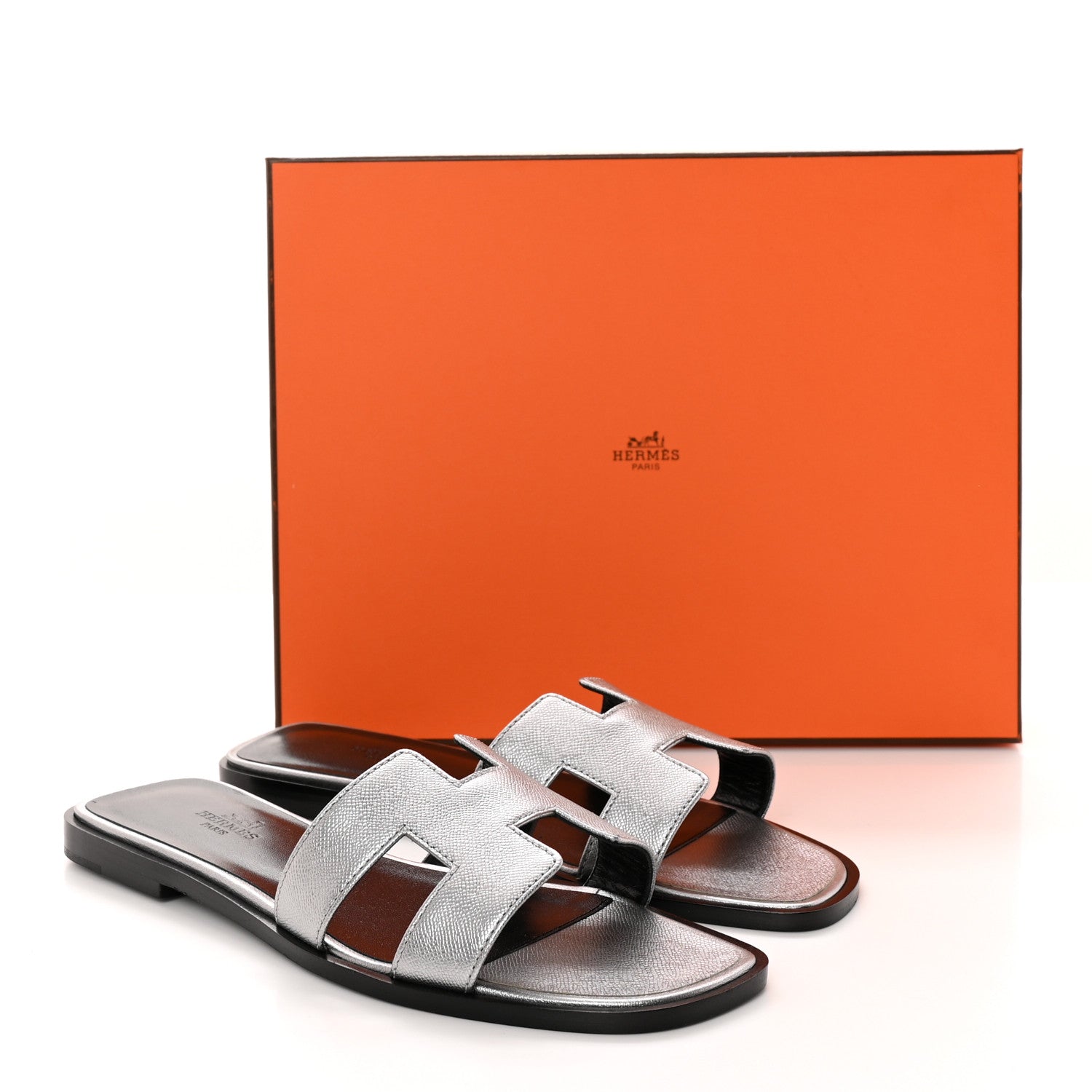 Hermes Metallic Epsom Oran Sandals 37.5 Gris Argente 11 of 11