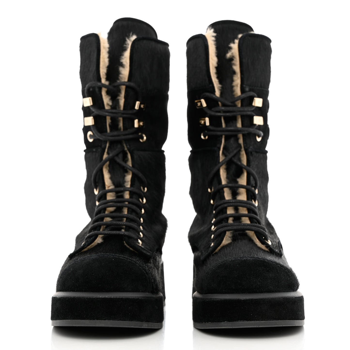 Suede Pony Hair Shearling Lace Up Combat Boots 35 Black White