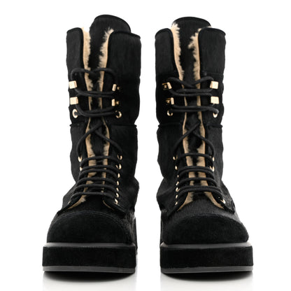 Chanel Suede Pony Hair Shearling Lace Up Combat Boots 35 Black White 3 of 13