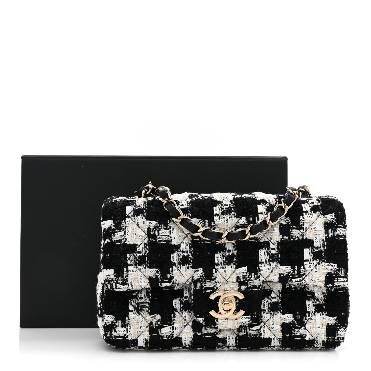 Chanel Tweed Quilted Mini Rectangular Flap Black Ecru White 10 of 10
