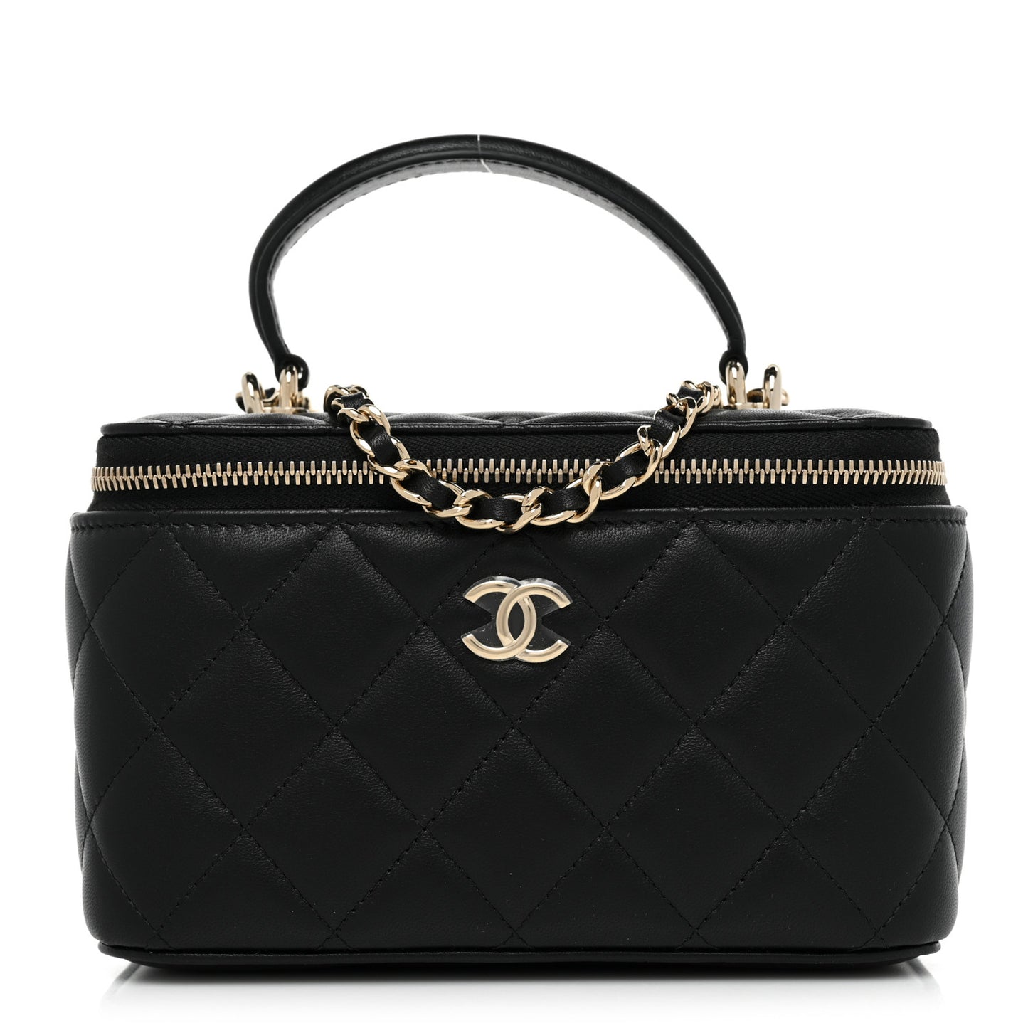 Lambskin Quilted Small Top Handle Vanity Case With Chain Black