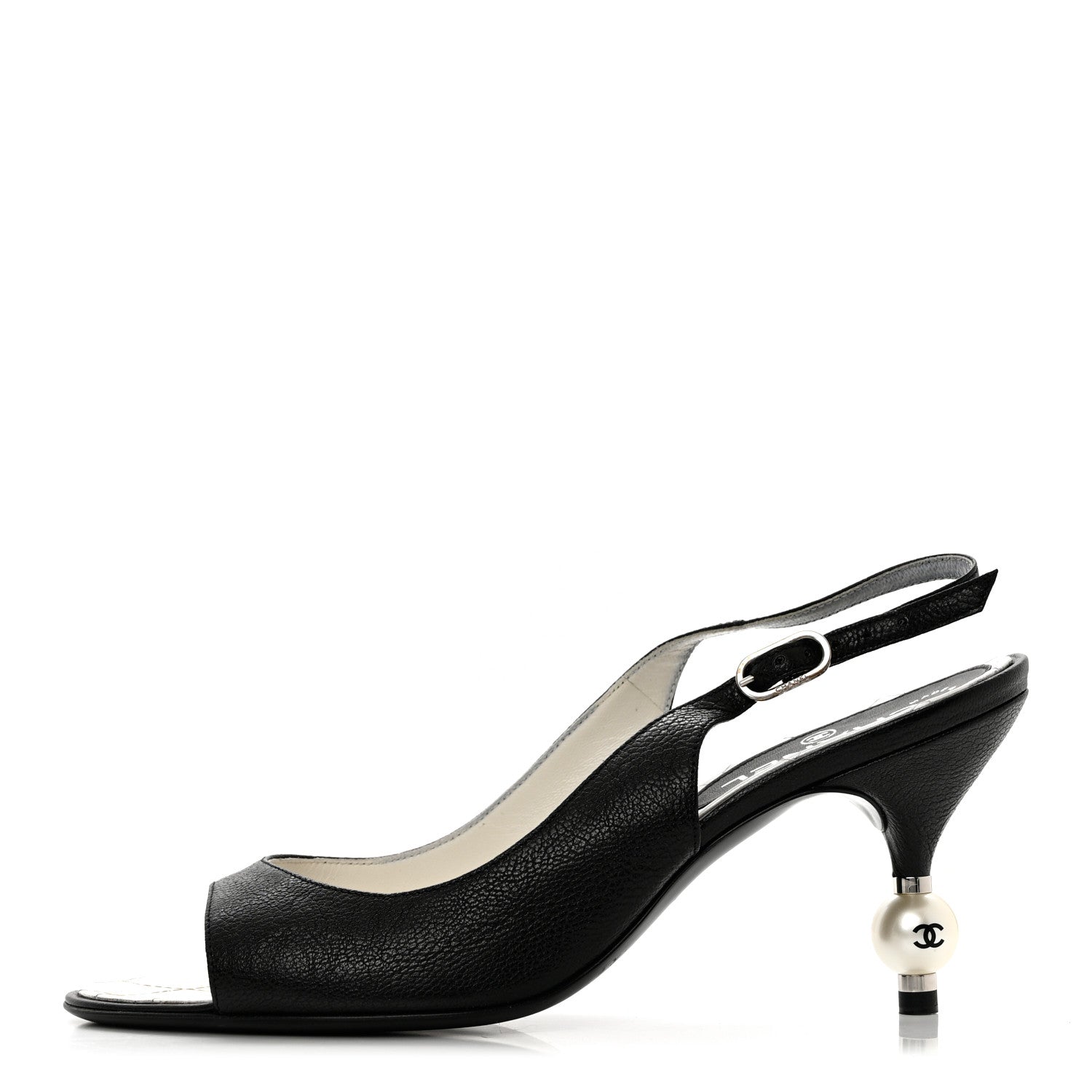 product image of CHANEL Calfskin Pearl CC Peep Toe Slingback Pumps 41 Black FASHIONPHILE