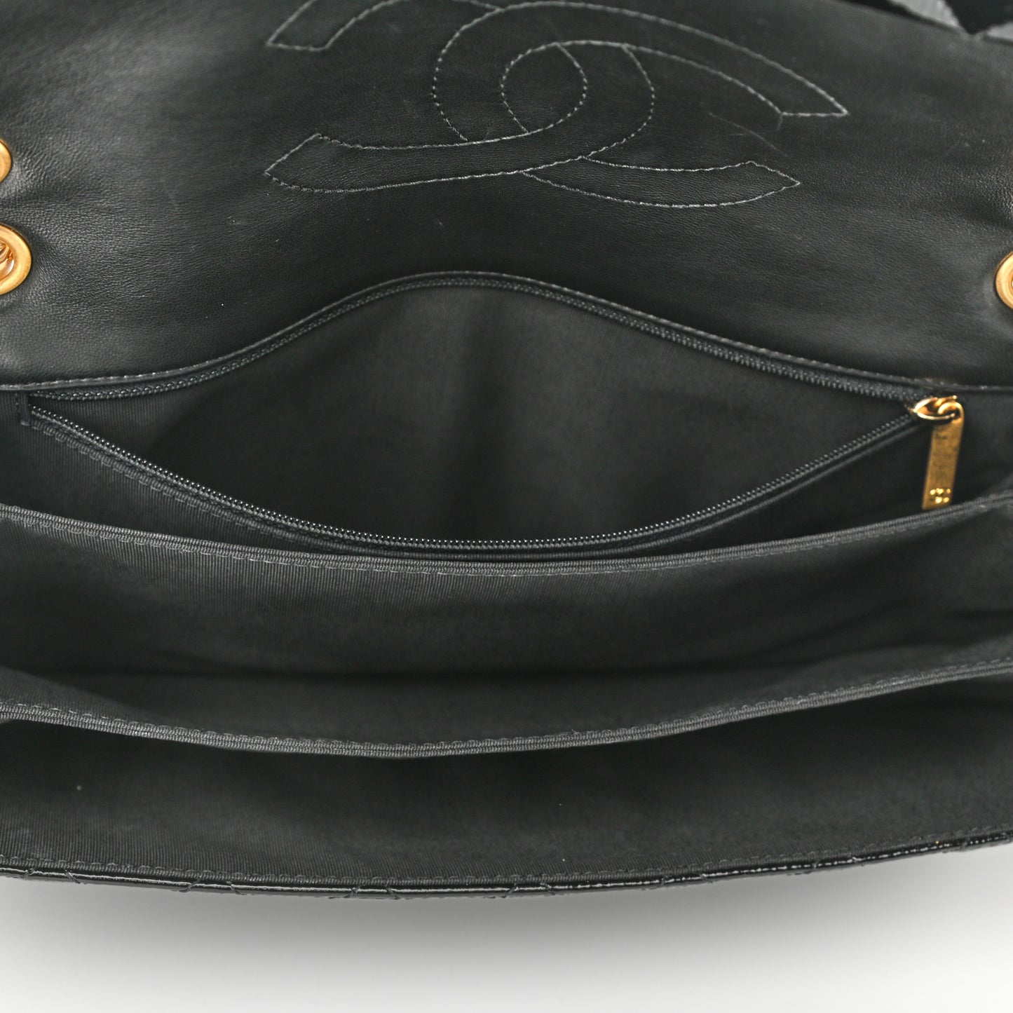 Patent Goatskin Quilted 3 Pocket Accordion Flap Black