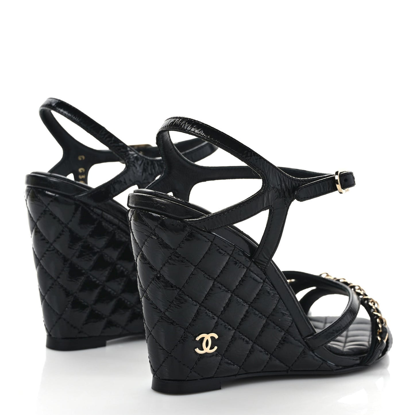 Crumpled Calfskin Quilted Chain Wedge Sandals 36 Black