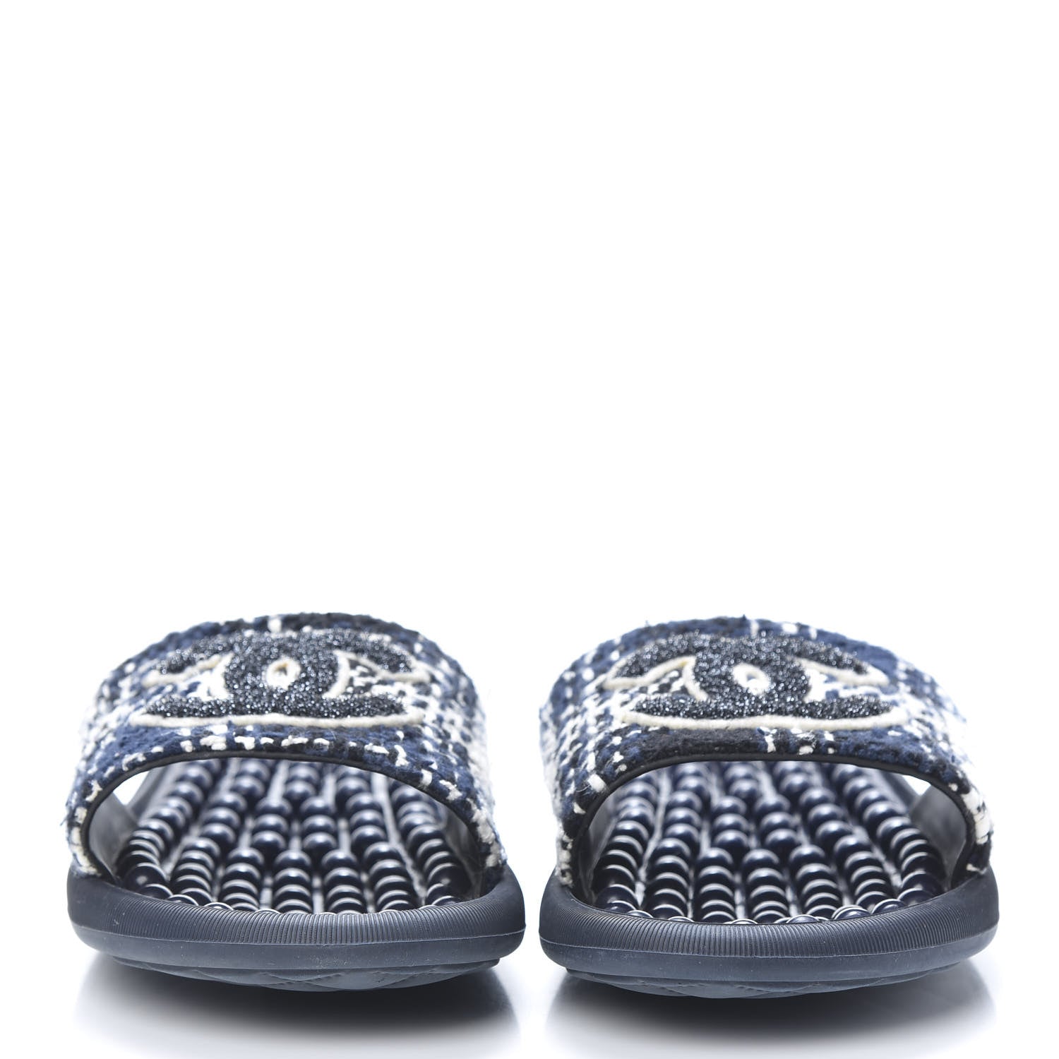 Chanel Tweed Rubber CC Flat Mules 38 Navy 2 of 7