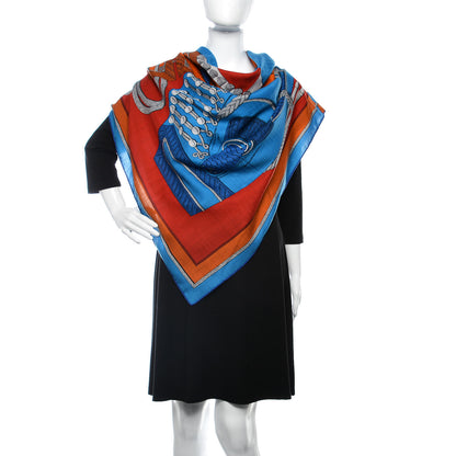 Hermes Cashmere Silk Zouaves Et Dragons Shawl 140 Orange Bleu Gitane Gris Chine 2 of 5