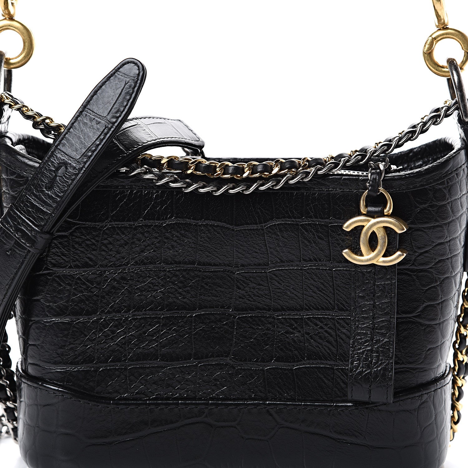 Chanel Calfskin Crocodile Embossed Small Gabrielle Cocodile Hobo Black 7 of 11