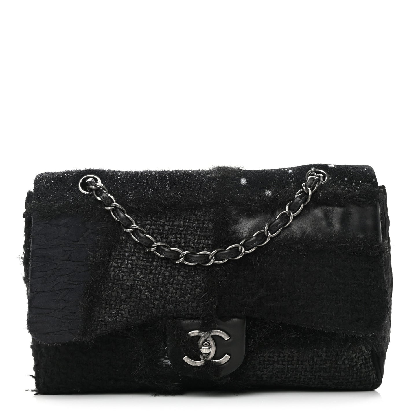 Tweed Faux Fur Patchwork Jumbo Single Flap Black